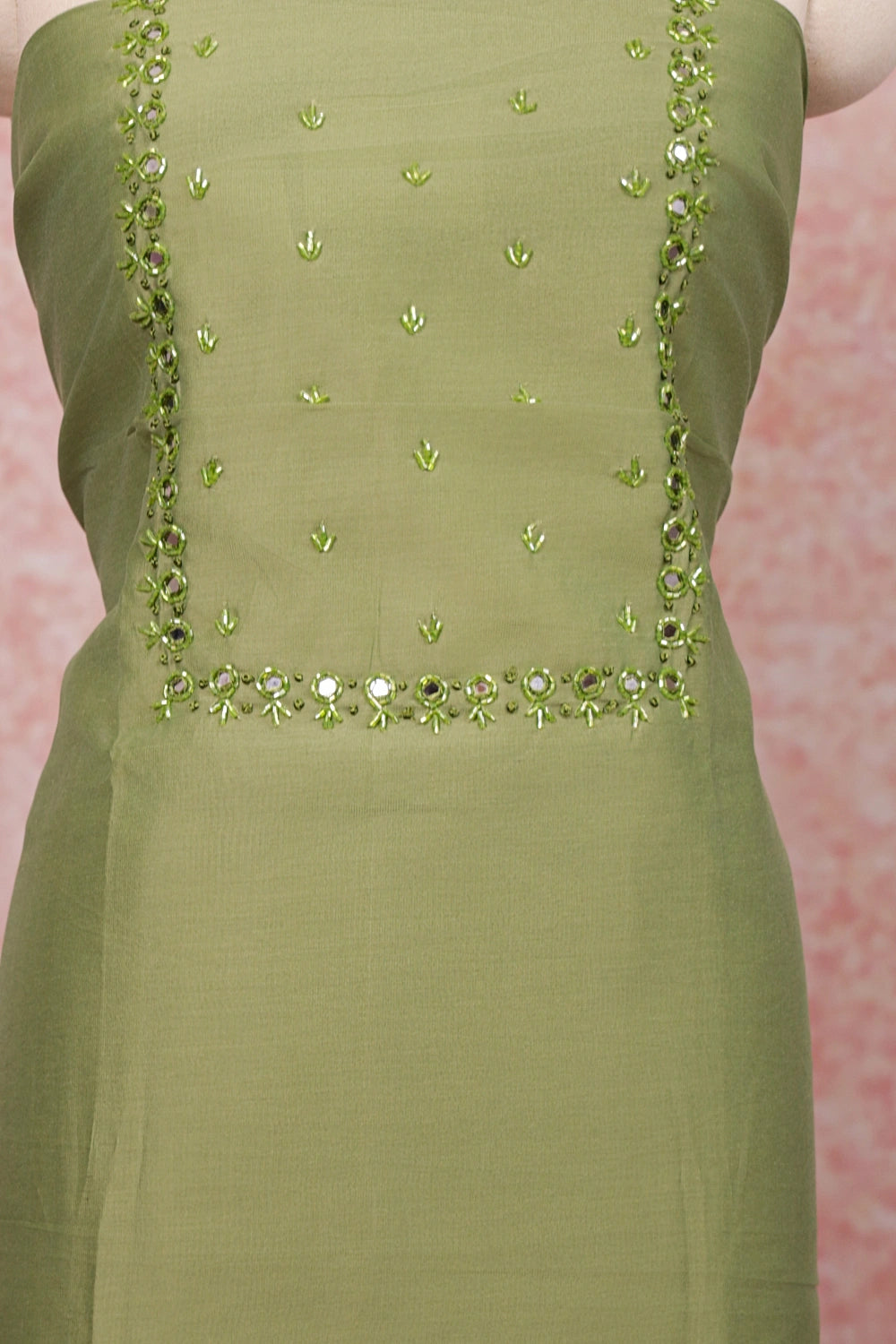 Green Semi Silk Mirror Work Unstitched Churidhar Material