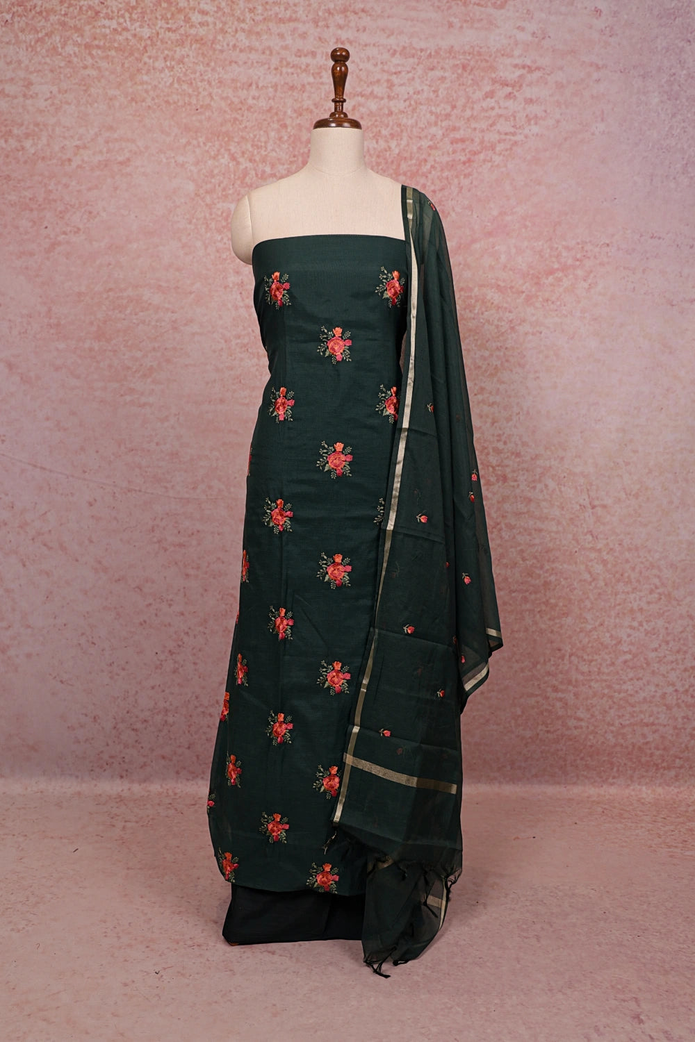 Green Semi Chanderi Embroidery Unstitched Churidhar Material