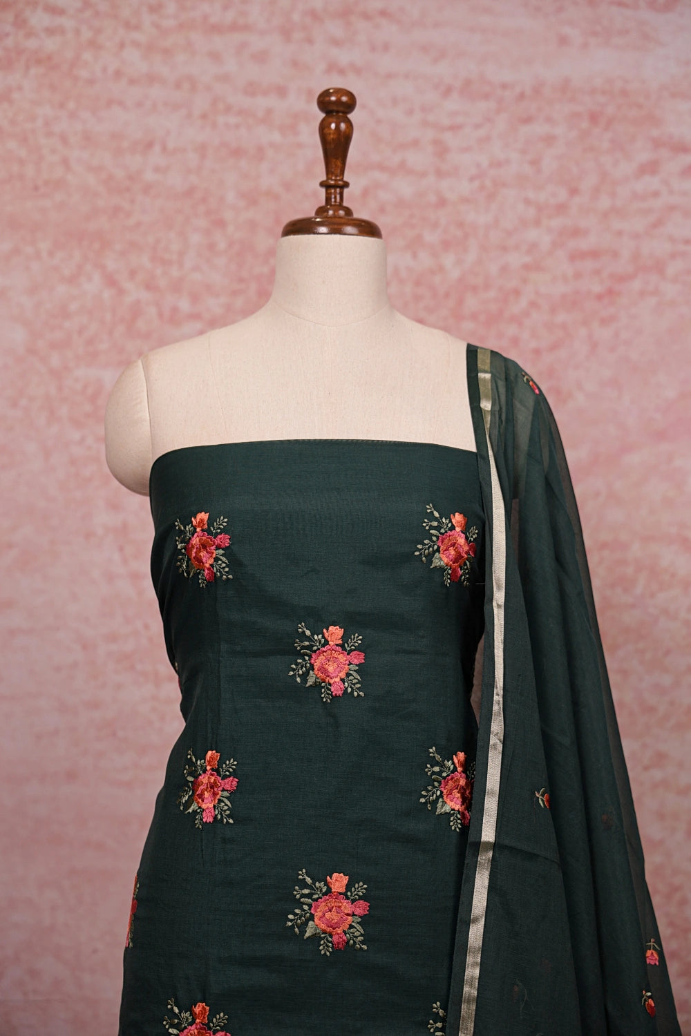 Green Semi Chanderi Embroidery Unstitched Churidhar Material