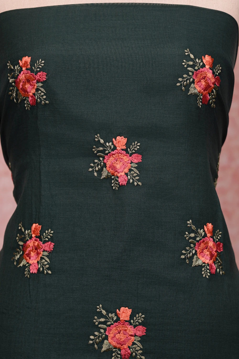 Green Semi Chanderi Embroidery Unstitched Churidhar Material