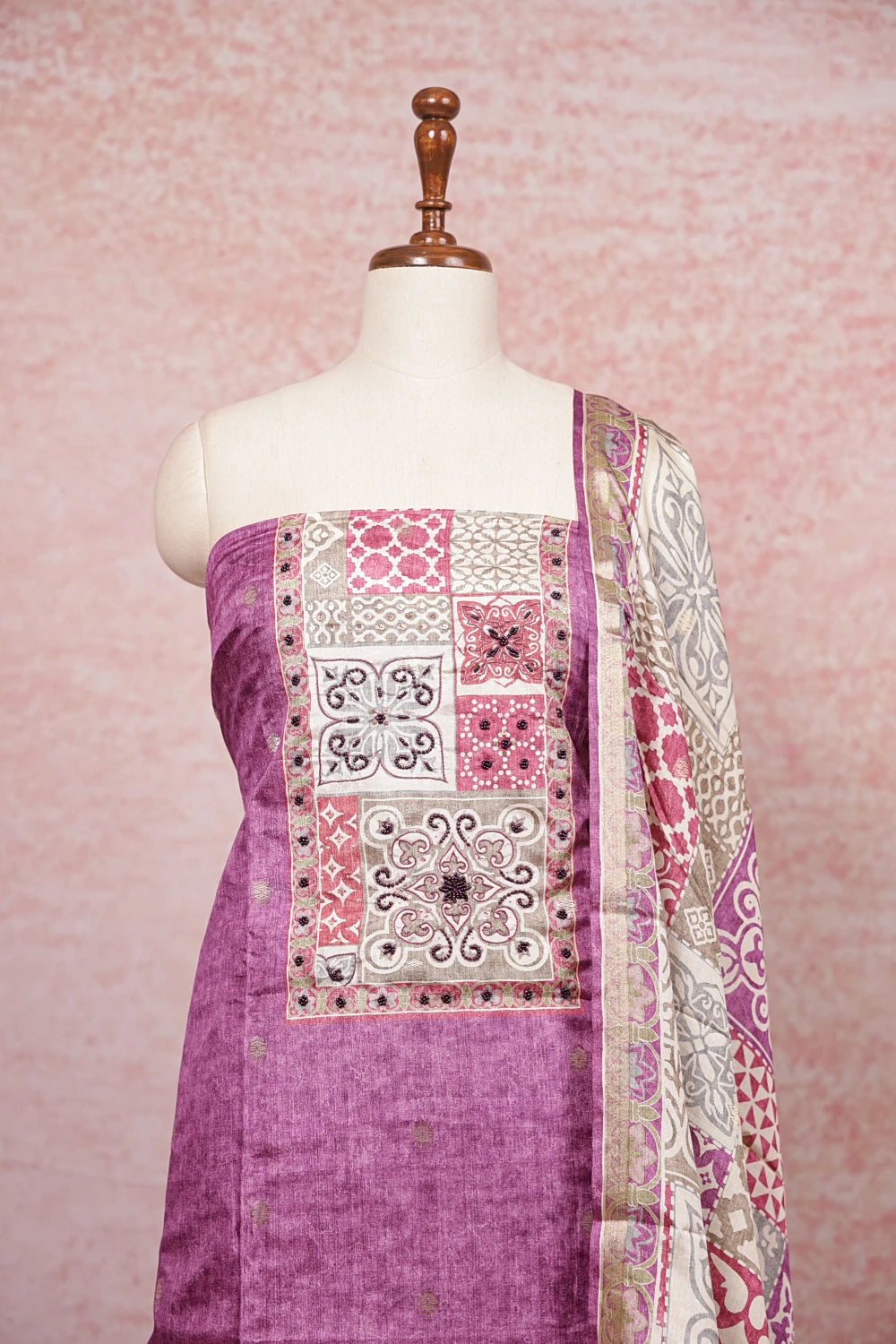 Lavender Semi Chanderi Beads Work Unstitched Churidhar Material