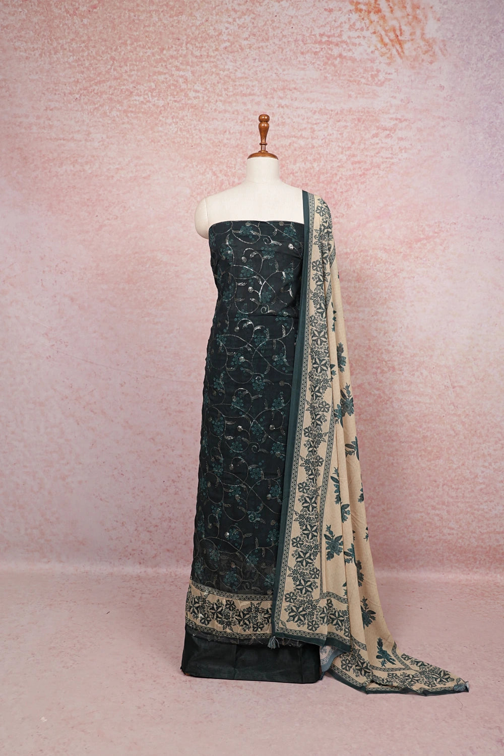 Dark Green Chiffon Sequines Unstitched Churidhar Material