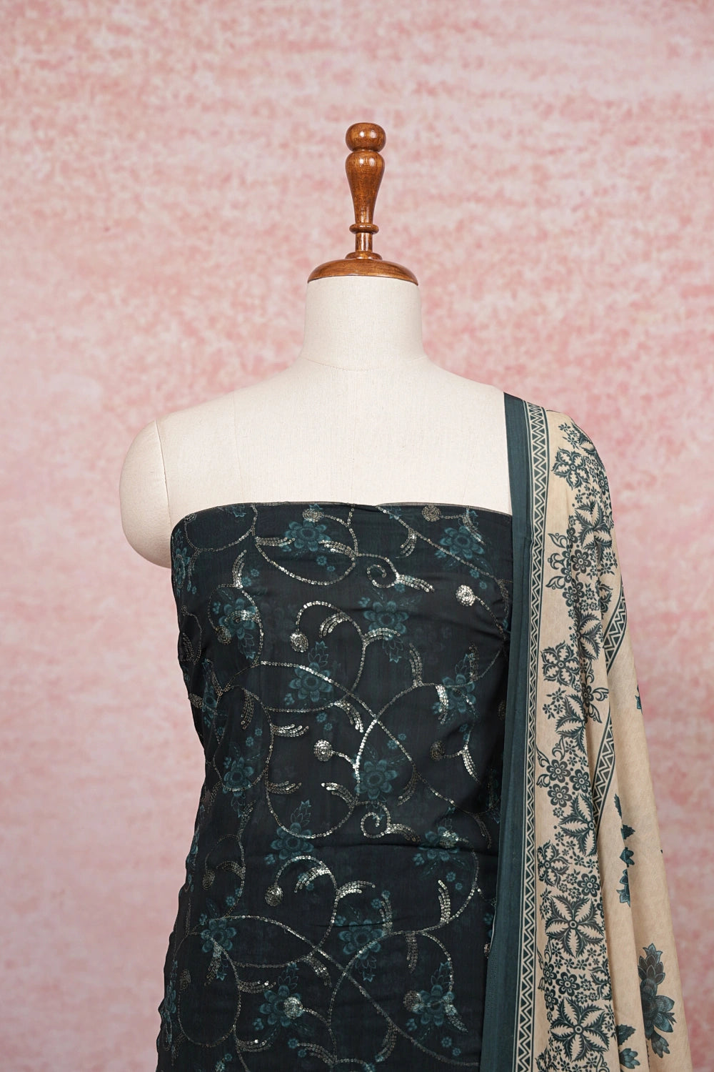 Dark Green Chiffon Sequines Unstitched Churidhar Material