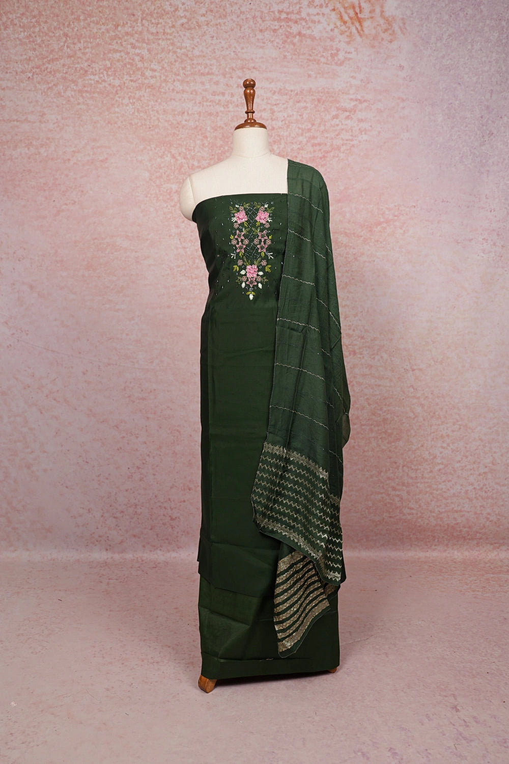 Green Semi Chanderi Beads Work Unstitched Churidhar Material