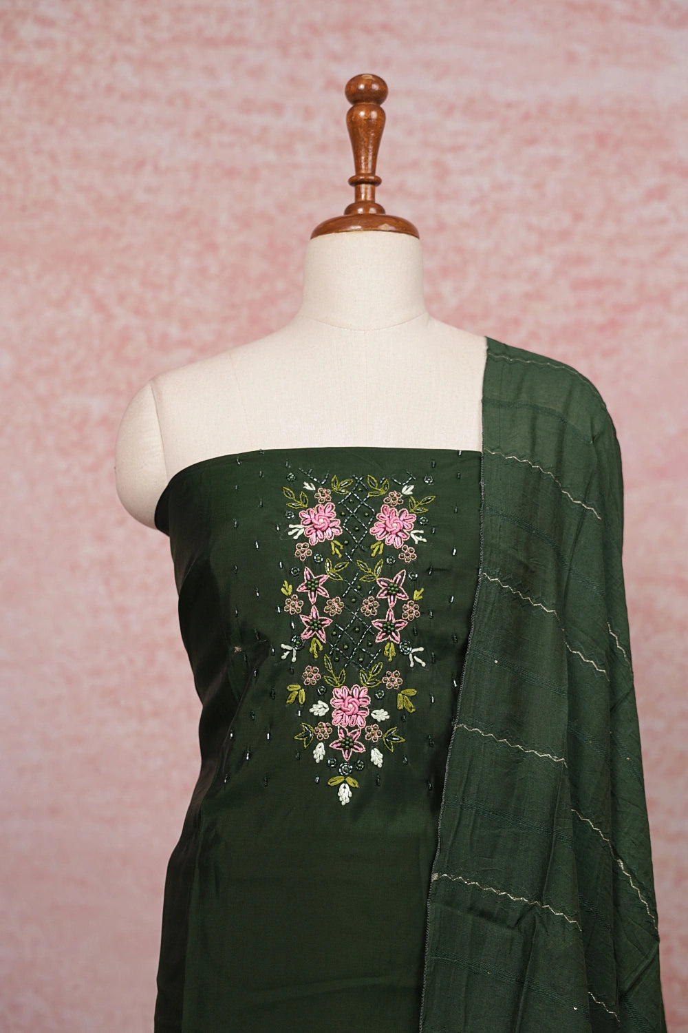 Green Semi Chanderi Beads Work Unstitched Churidhar Material