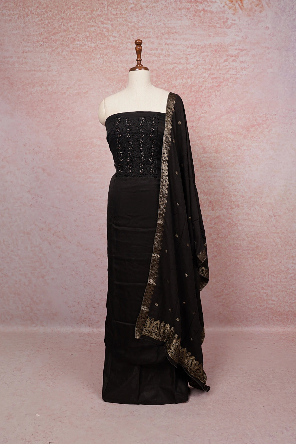 Black  Organza Beads Work Unstitched Churidhar Material.
