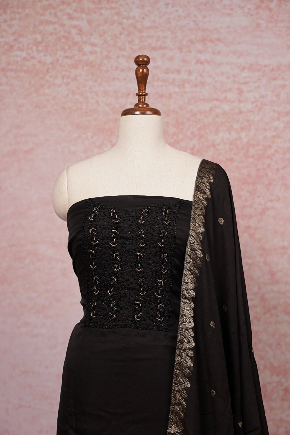 Black  Organza Beads Work Unstitched Churidhar Material.