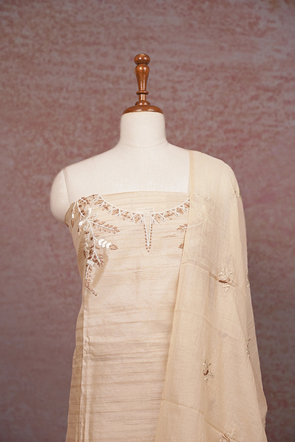 Sandal Semi Silk Beads Work Unstitched Churidhar Material