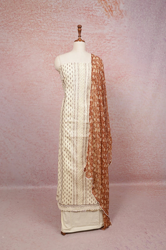 Cream Cotton Printed Unstitched Churidhar Material