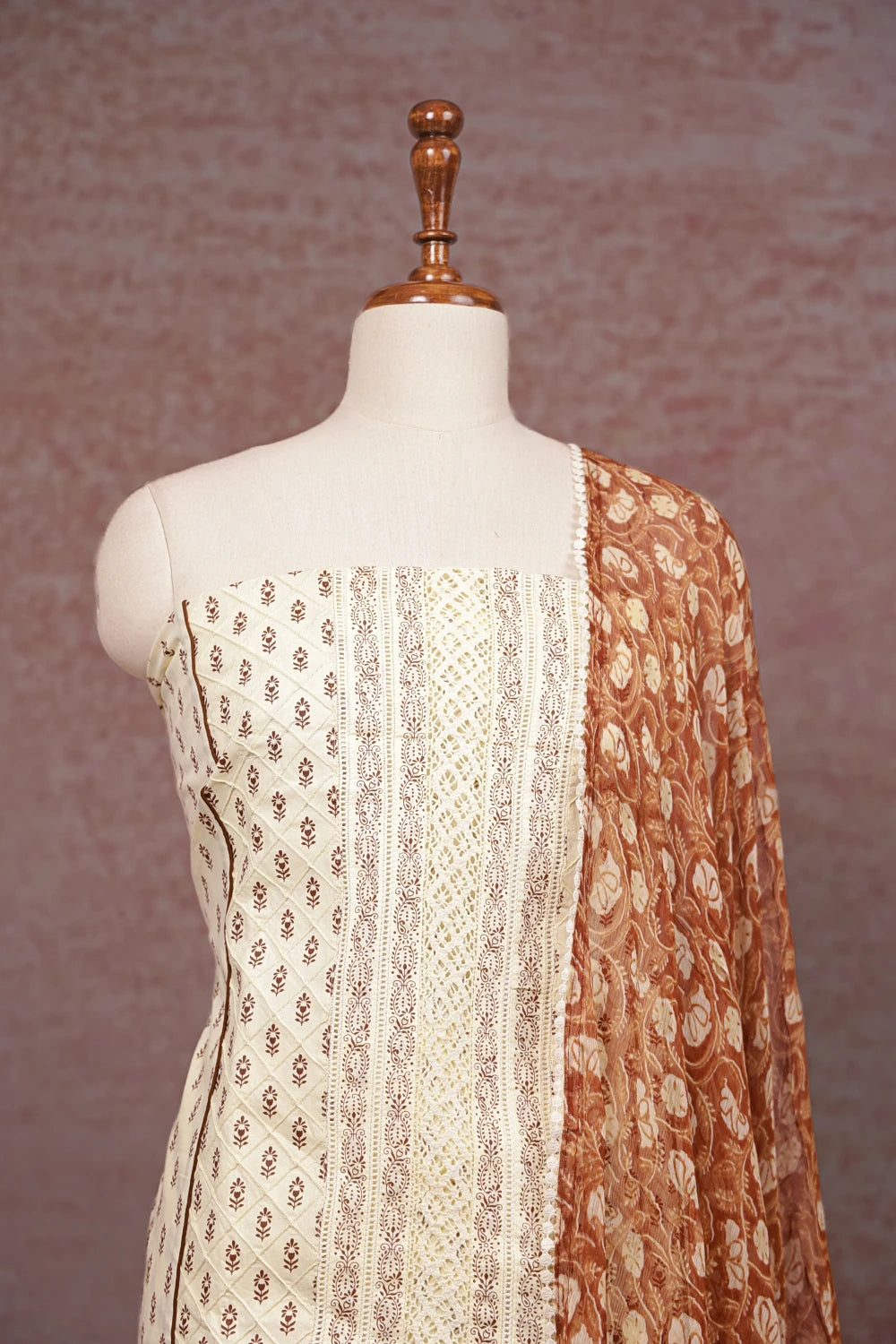 Cream Cotton Printed Unstitched Churidhar Material