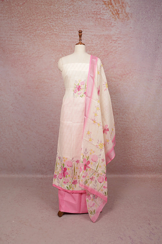 Cream Semi Linen Beads Work Unstitched Churidhar Material