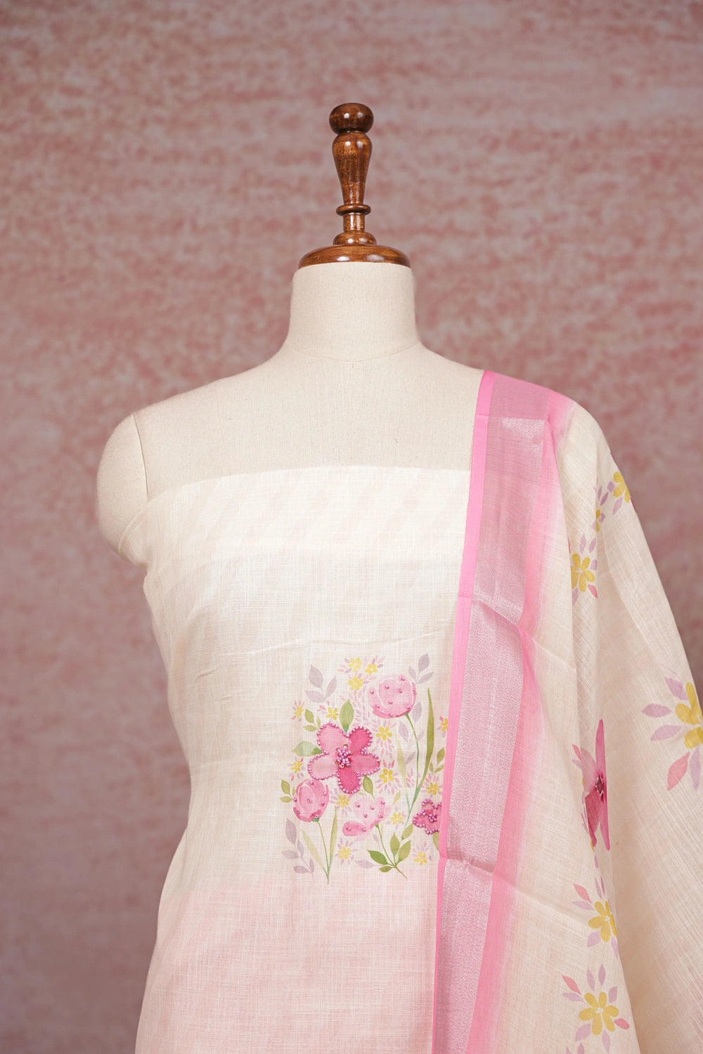 Cream Semi Linen Beads Work Unstitched Churidhar Material