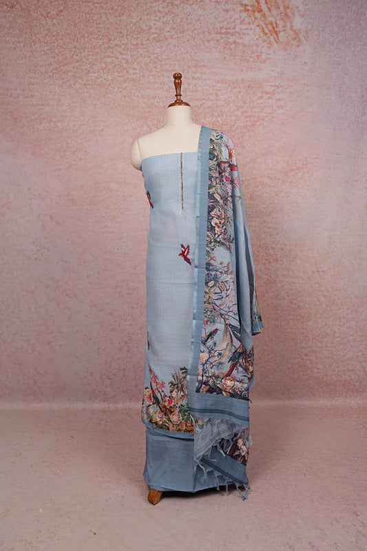 Powder Blue Semi Linen Thread Butta Unstitched Churidhar Material