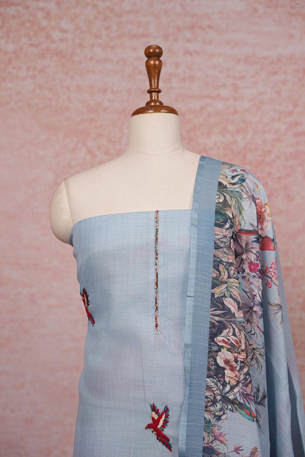Powder Blue Semi Linen Thread Butta Unstitched Churidhar Material