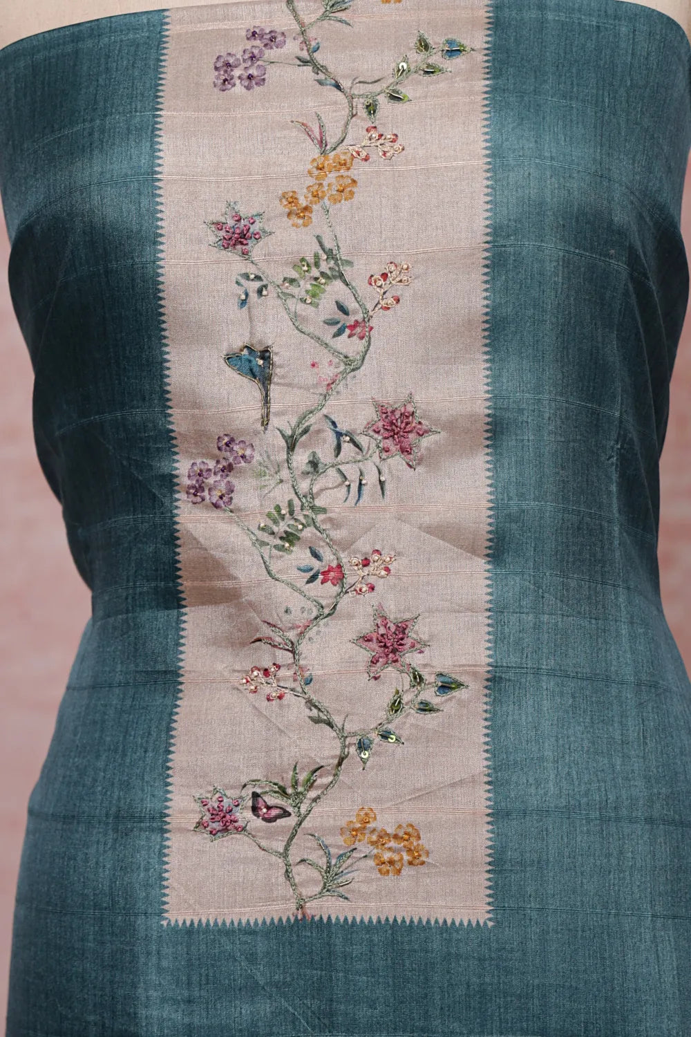 Ash Blue Semi Tussar Printed Unstitched Churidhar Material