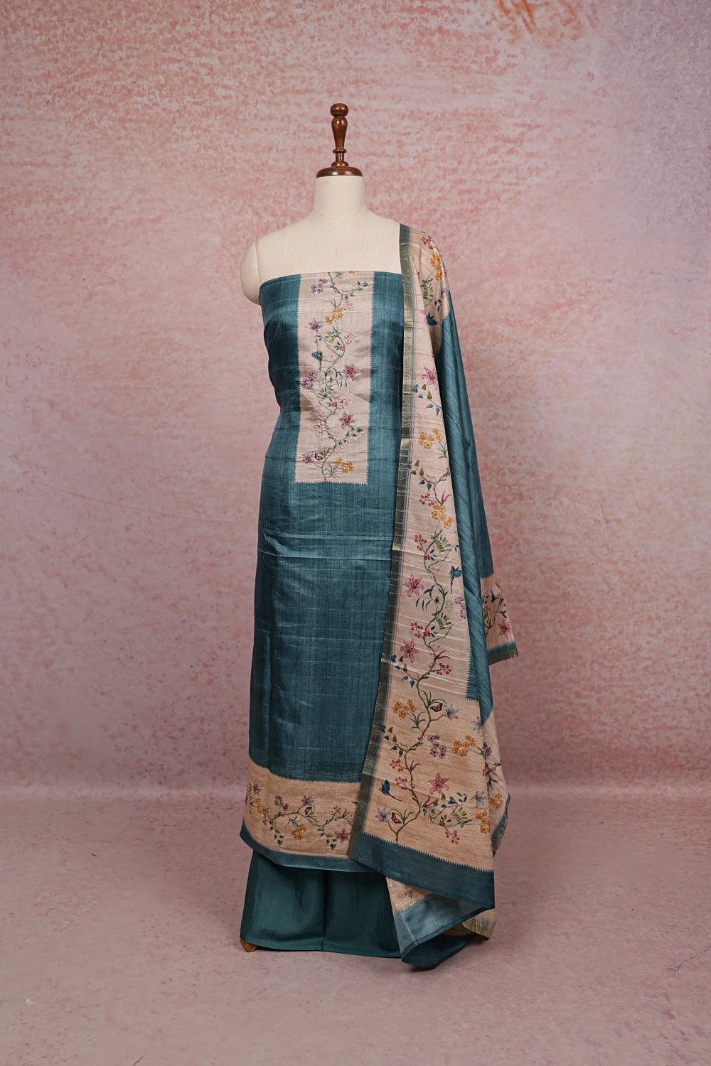 Ash Blue Semi Tussar Printed Unstitched Churidhar Material