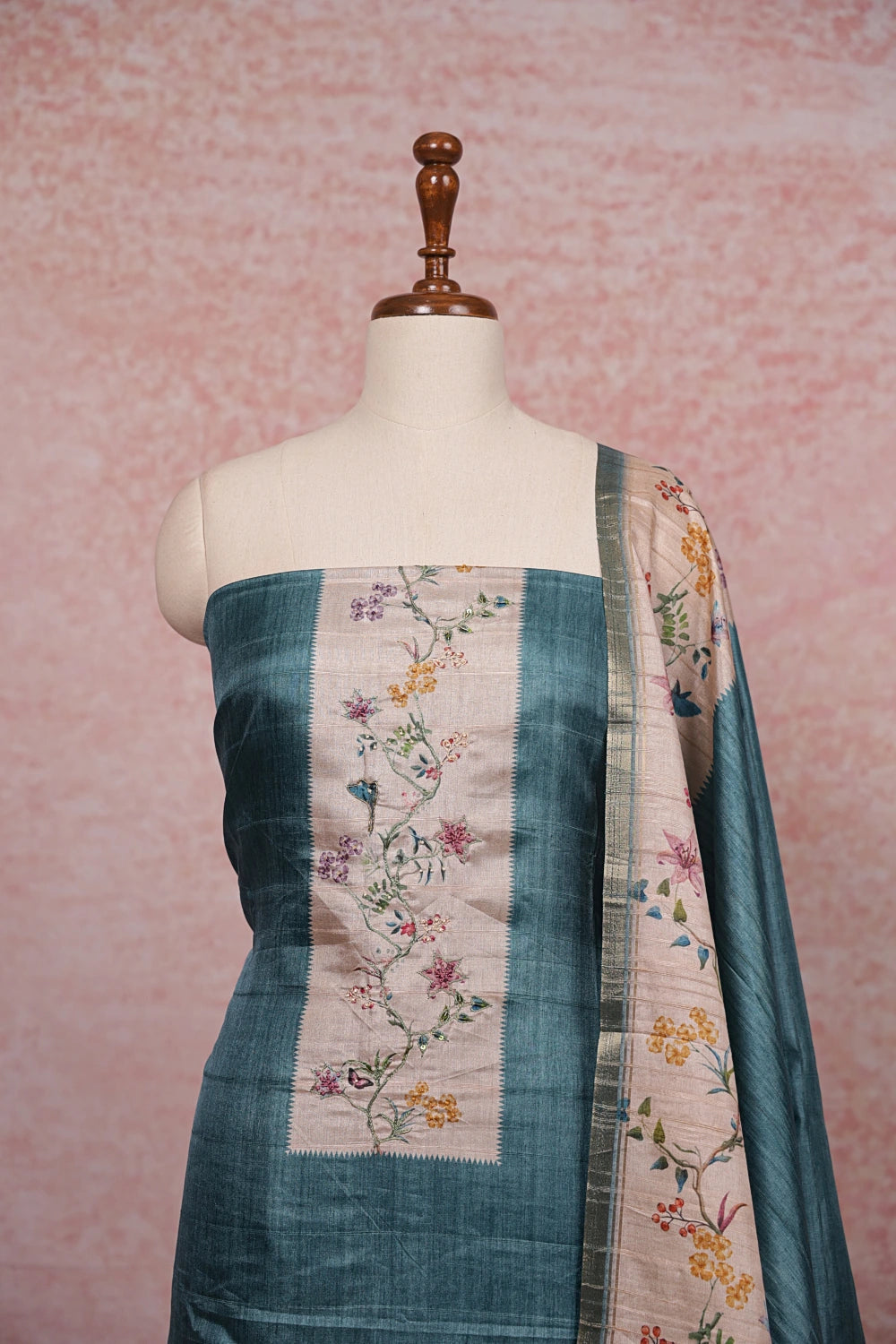 Ash Blue Semi Tussar Printed Unstitched Churidhar Material