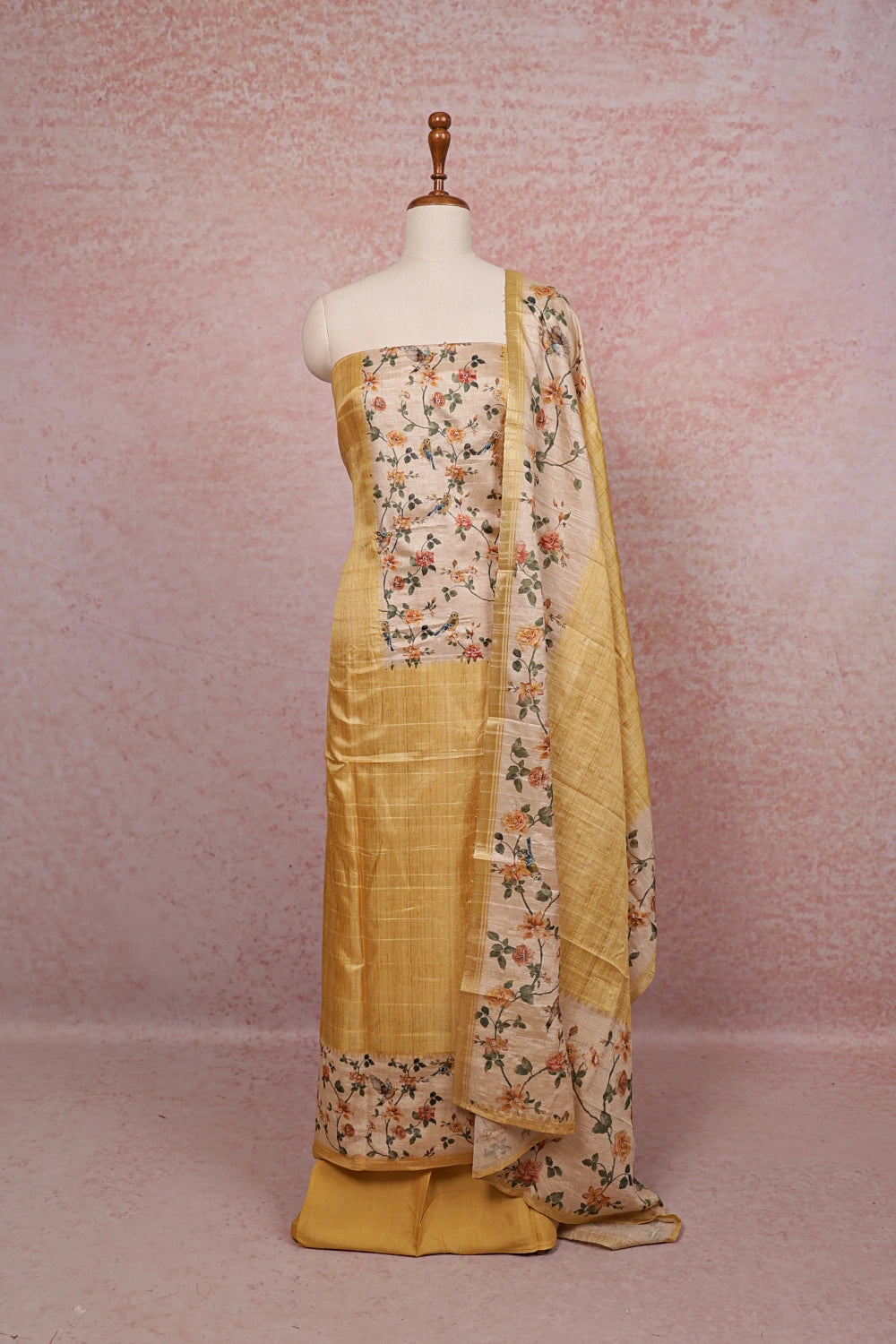 Yellow Semi Tussar Printed Unstitched Churidhar Material