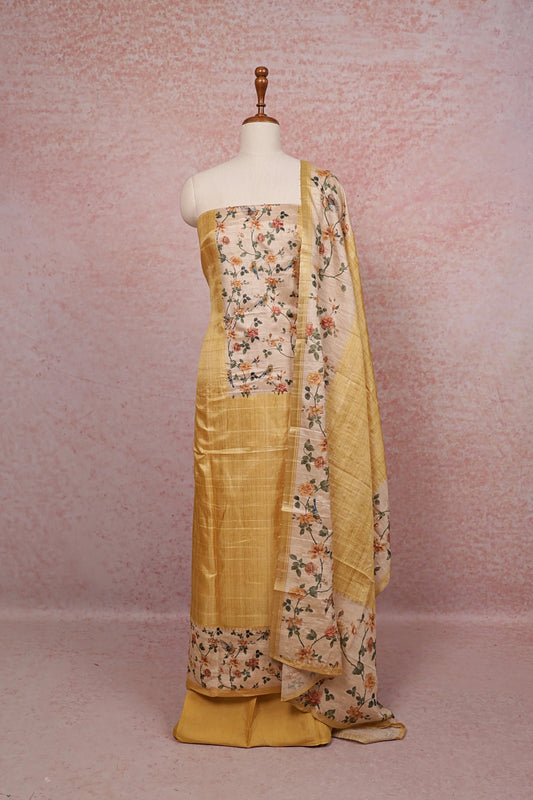 Yellow Semi Tussar Printed Unstitched Churidhar Material