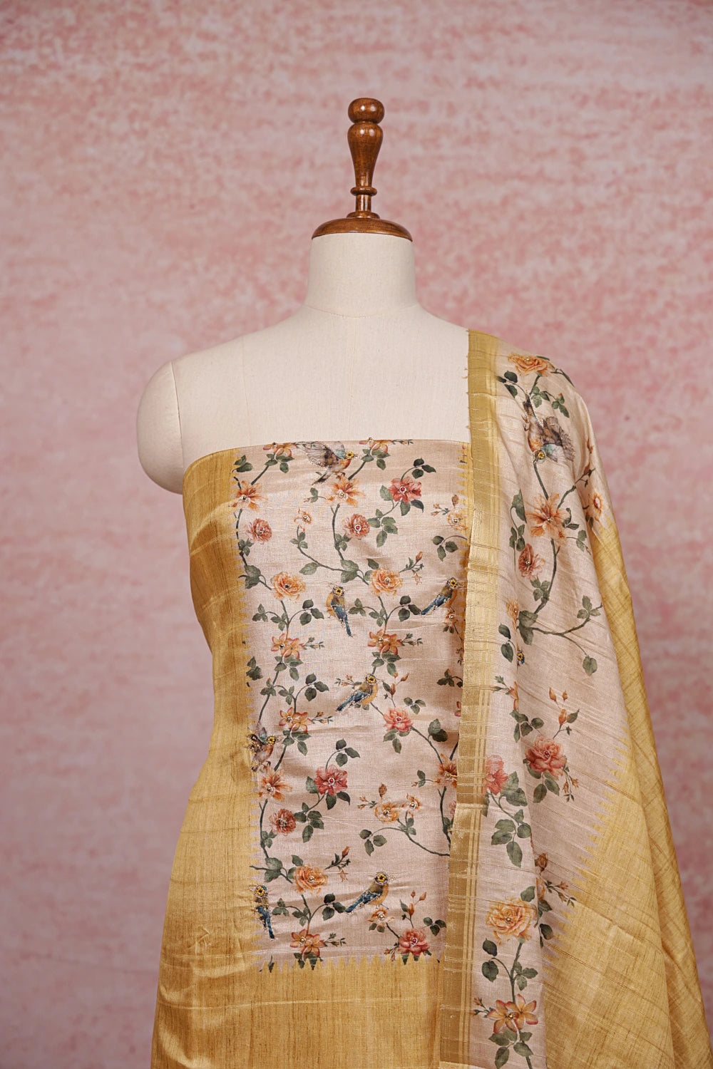 Yellow Semi Tussar Printed Unstitched Churidhar Material