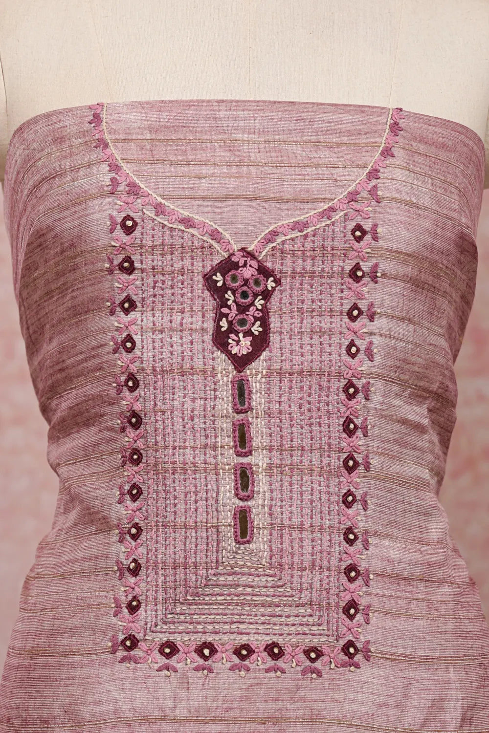 Light Rose Semi Chanderi Thread Work Unstitched Churidhar Material