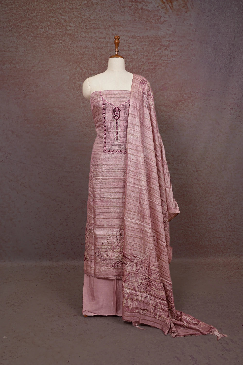 Light Rose Semi Chanderi Thread Work Unstitched Churidhar Material