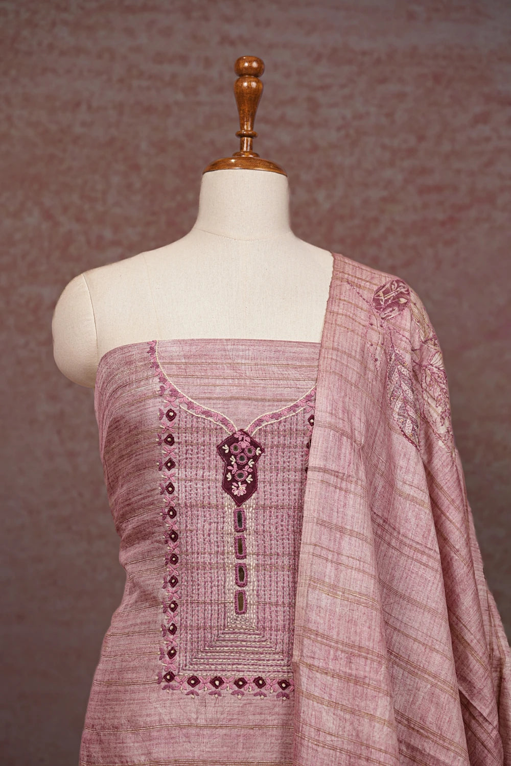 Light Rose Semi Chanderi Thread Work Unstitched Churidhar Material