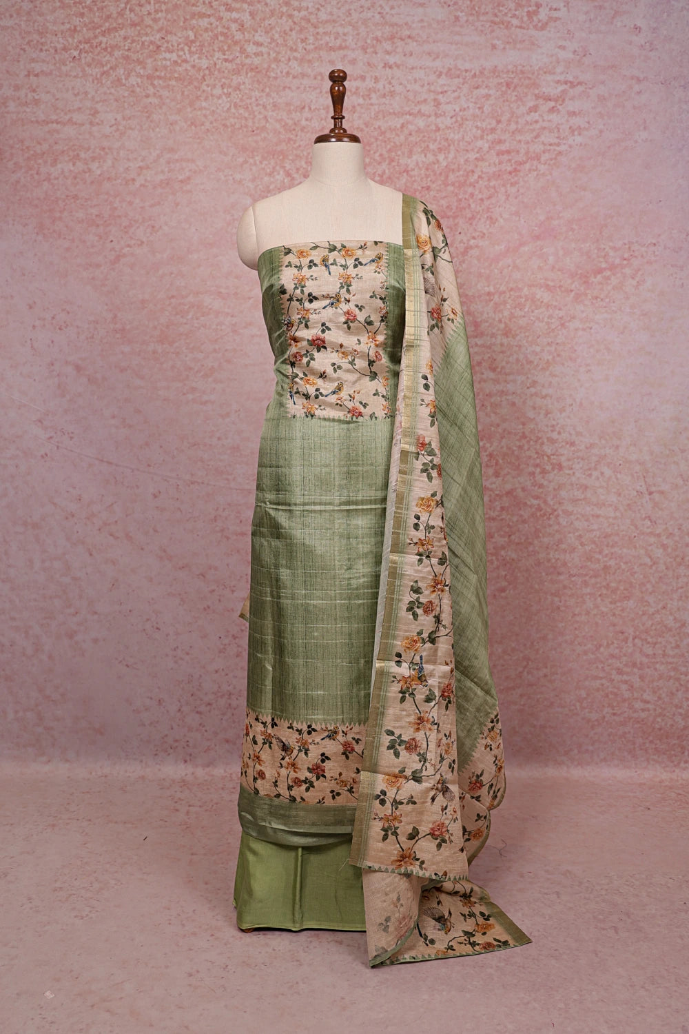 Light Green Semi Tussar Printed Unstitched Churidhar Material