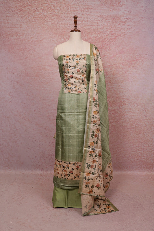 Light Green Semi Tussar Printed Unstitched Churidhar Material