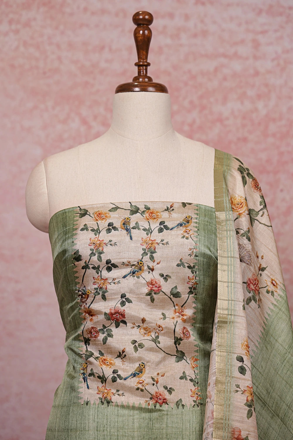 Light Green Semi Tussar Printed Unstitched Churidhar Material