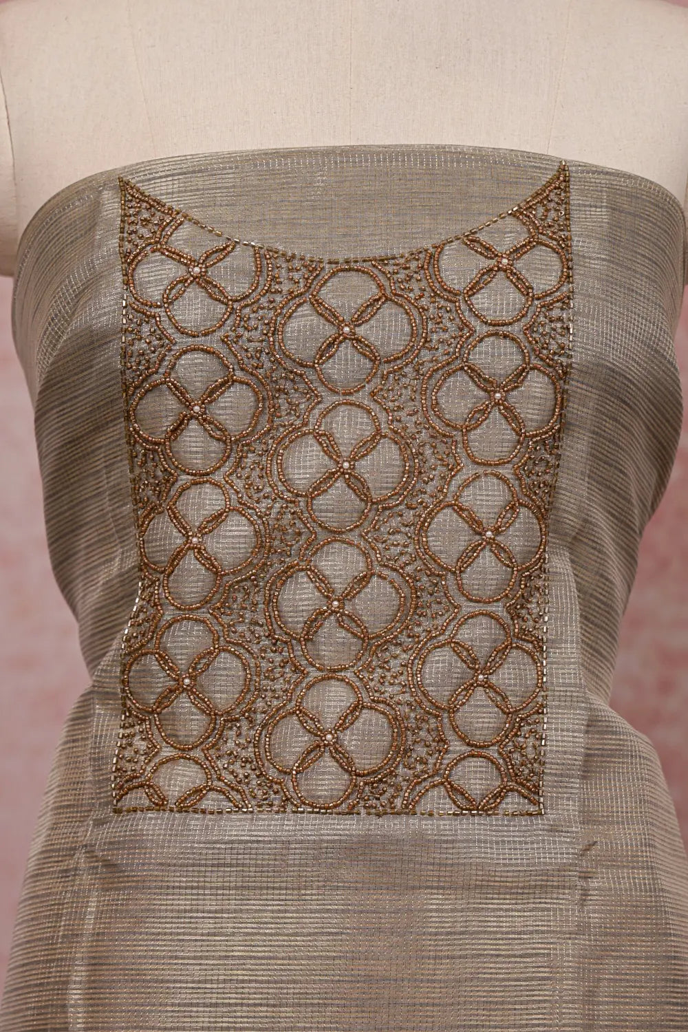 Light Grey Tissue Beads Work Unstitched Churidhar Material