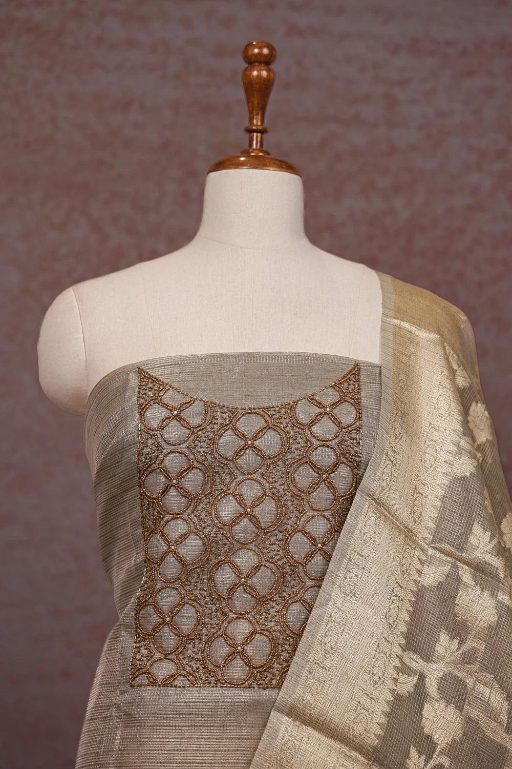 Light Grey Tissue Beads Work Unstitched Churidhar Material