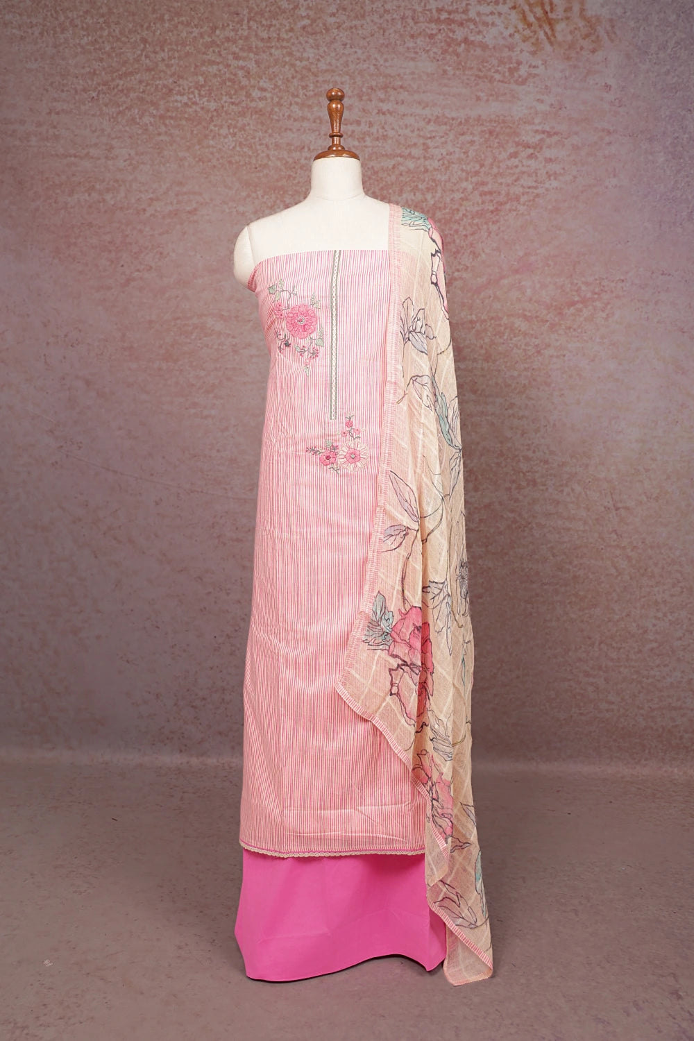 Cream Cotton Lines Unstitched Churidhar Material