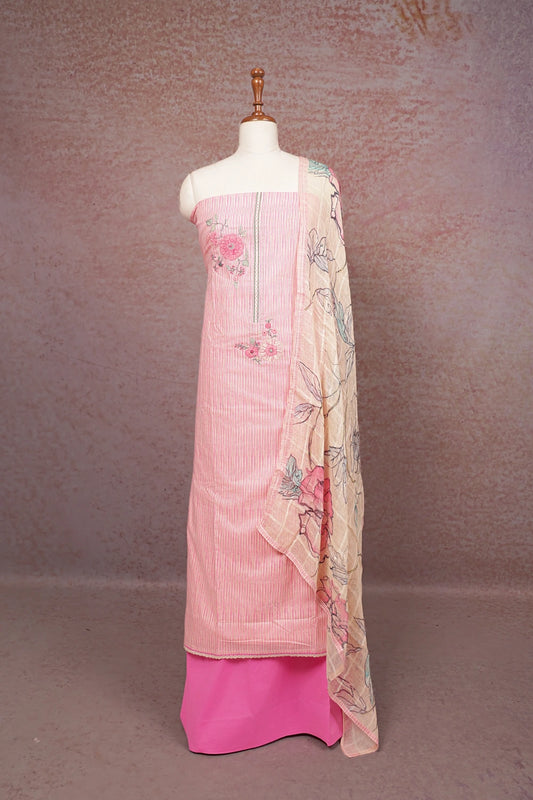 Cream Cotton Lines Unstitched Churidhar Material