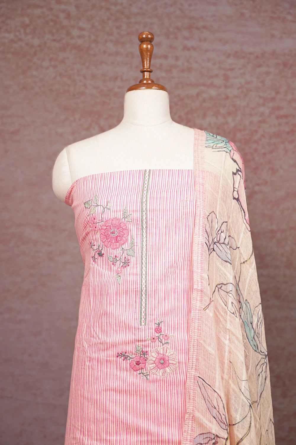 Cream Cotton Lines Unstitched Churidhar Material