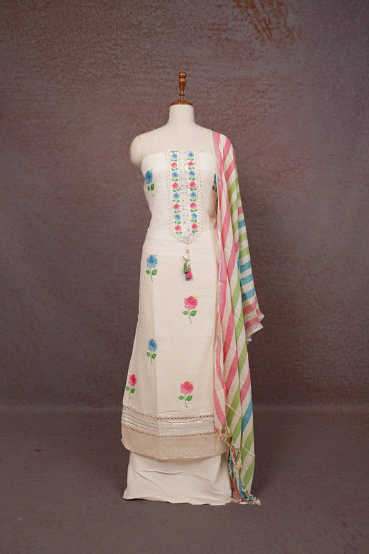 Cream Linen Applic Work Unstitched Churidhar Material