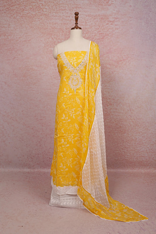Yellow Cotton Printed Unstitched Churidhar Material