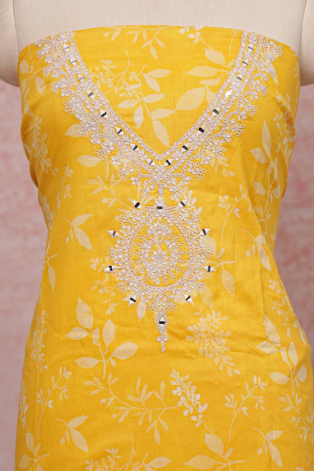 Yellow Cotton Printed Unstitched Churidhar Material