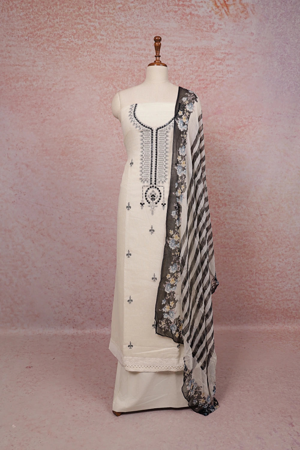 Cream Cotton Mirror Work Unstitched Churidhar Material