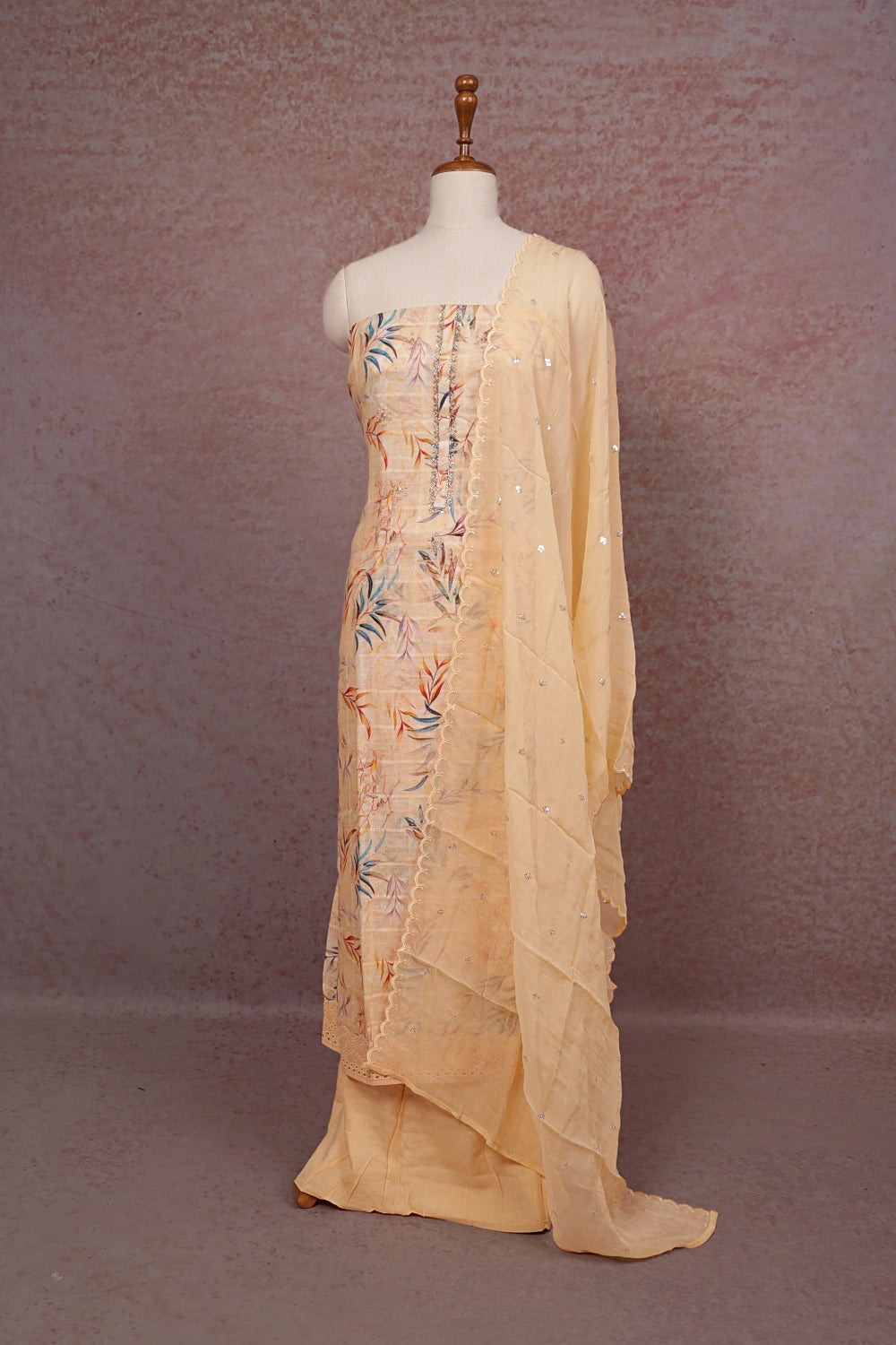Peach Linen Printed Unstitched Churidhar Material