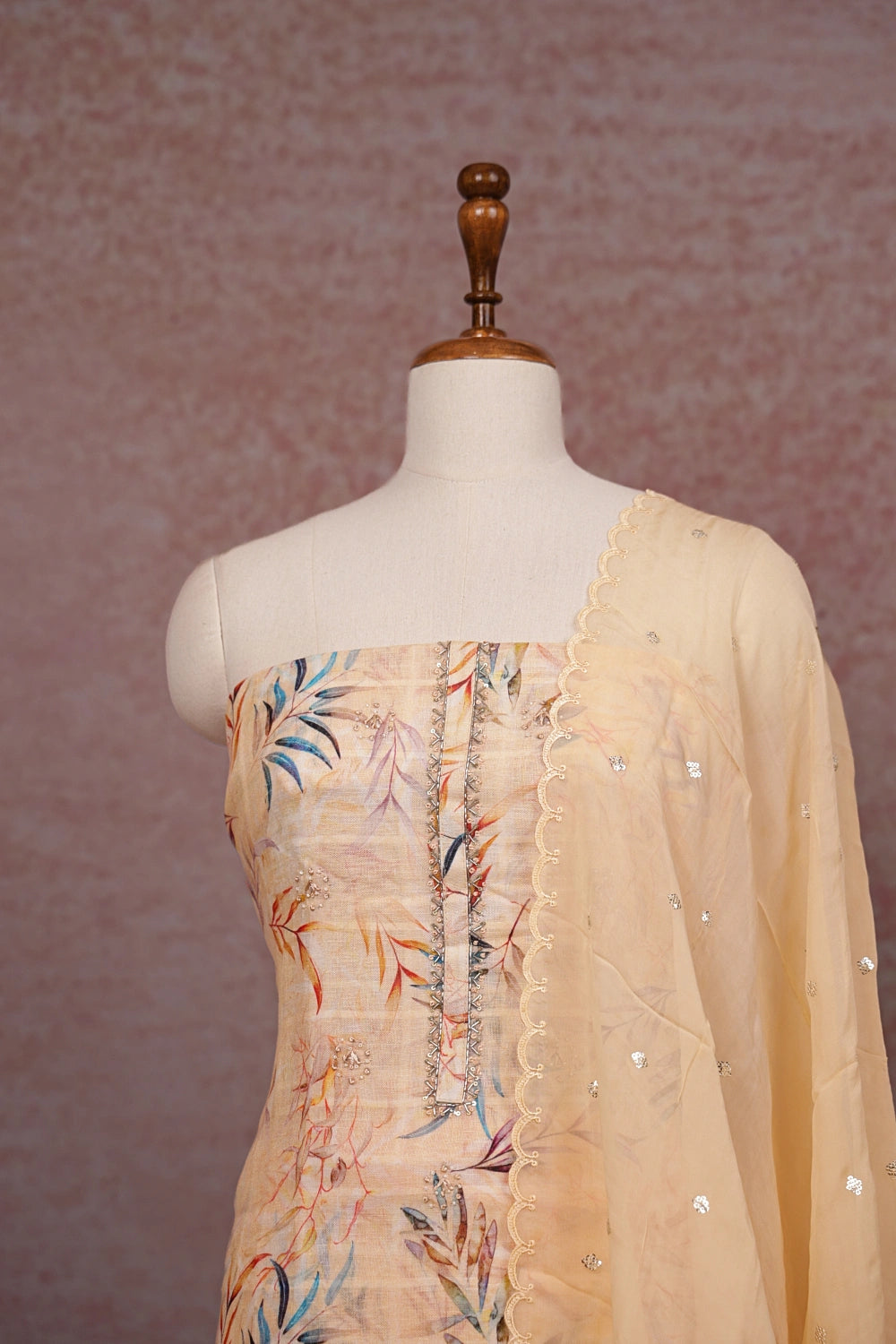 Peach Linen Printed Unstitched Churidhar Material