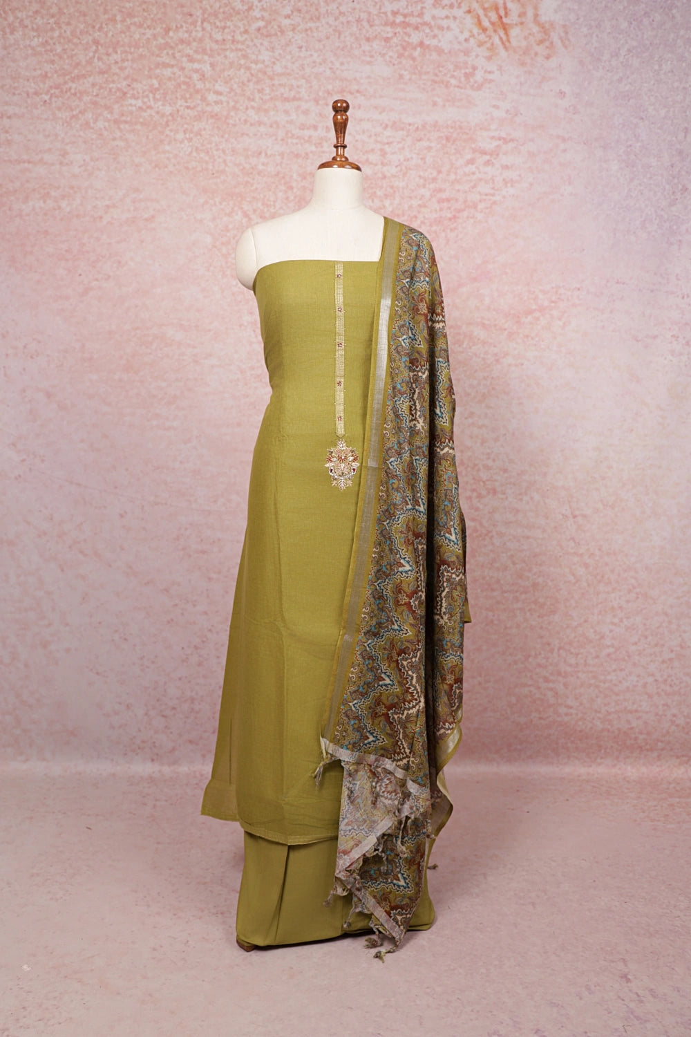 Moss Green Linen Beads Work Unstitched Churidhar Material