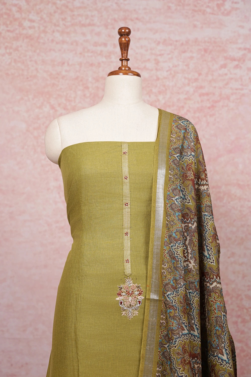 Moss Green Linen Beads Work Unstitched Churidhar Material