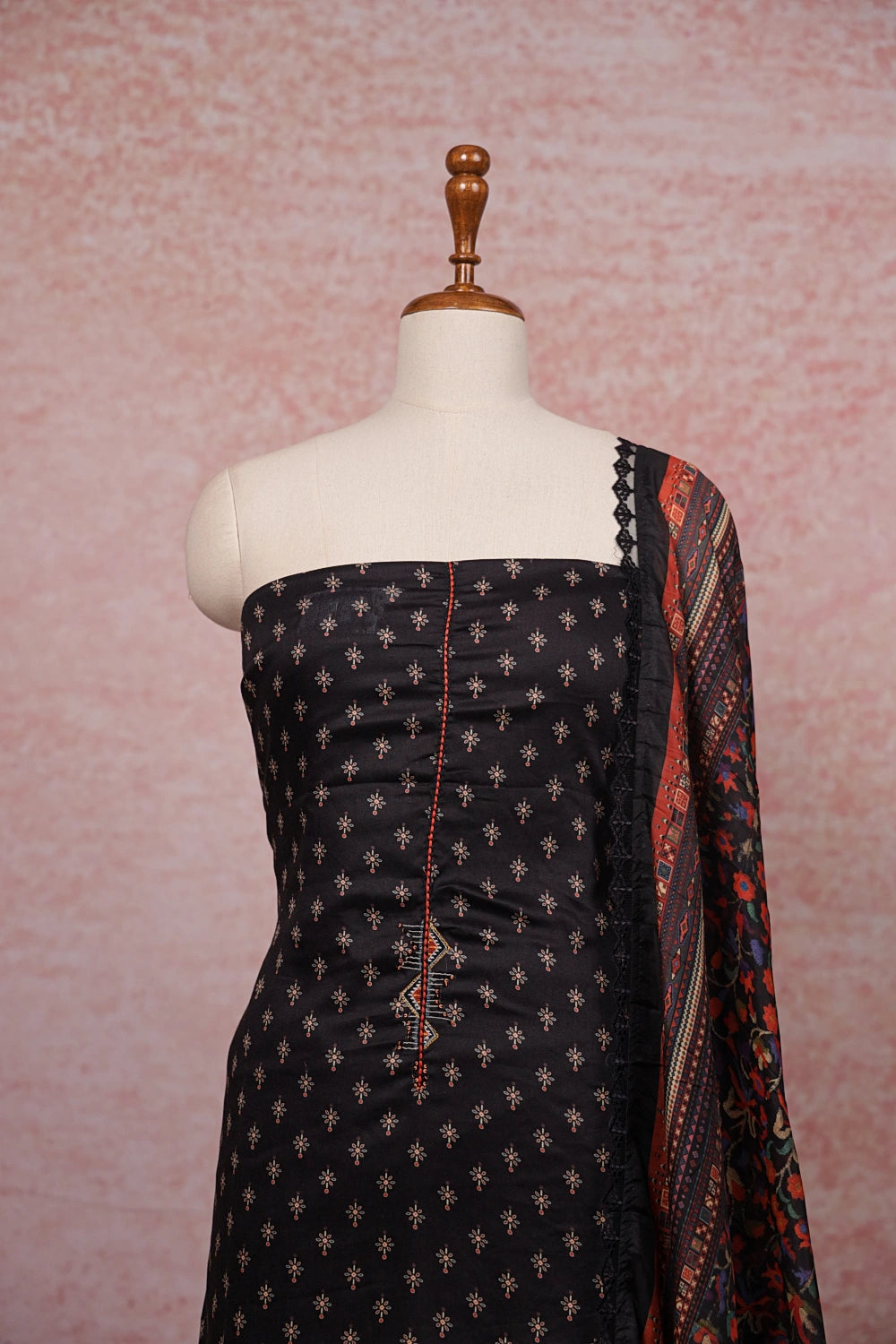 Black Cotton Printed Unstitched Churidhar Material