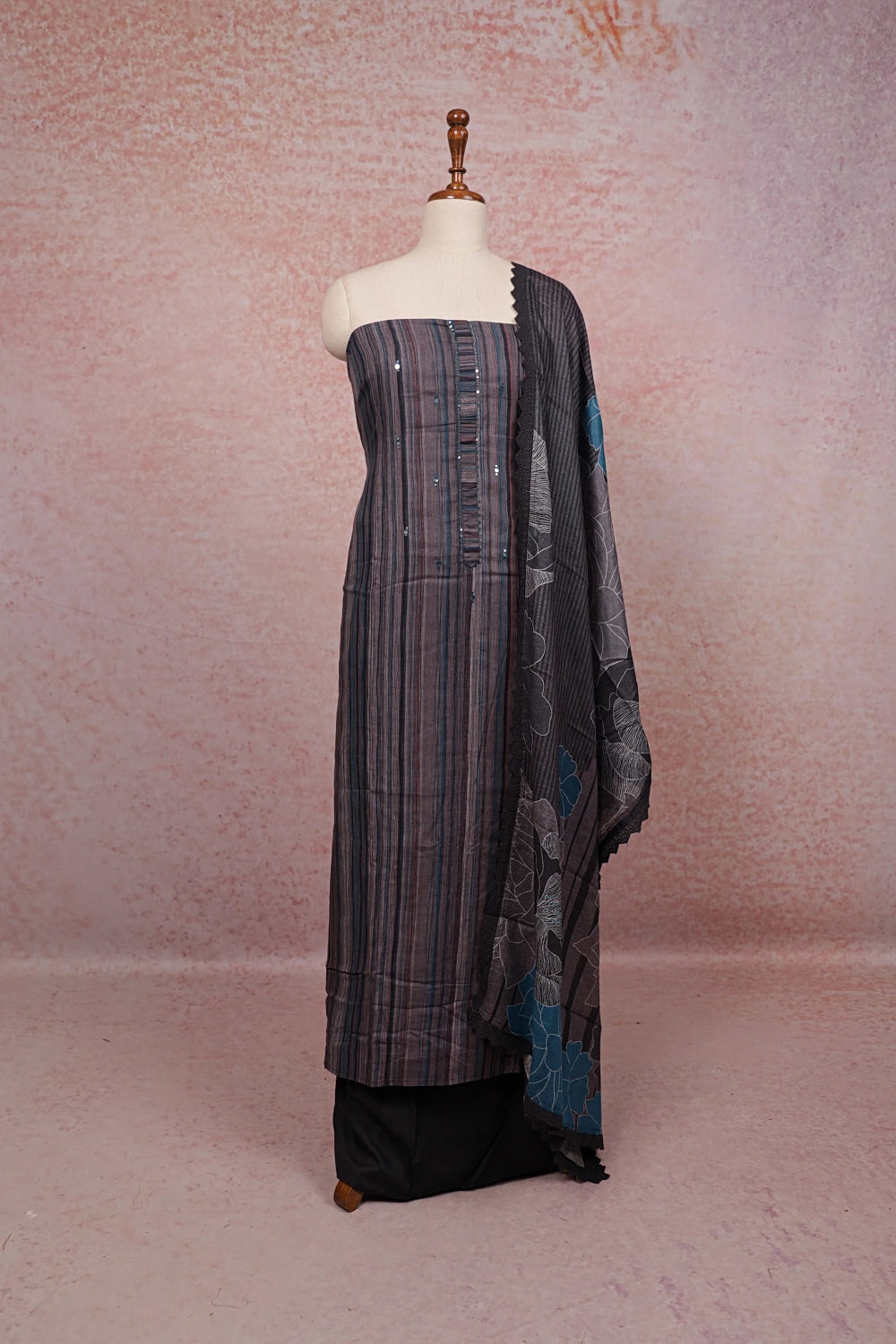 Grey Linen Cotton Lines Unstitched Churidhar Material