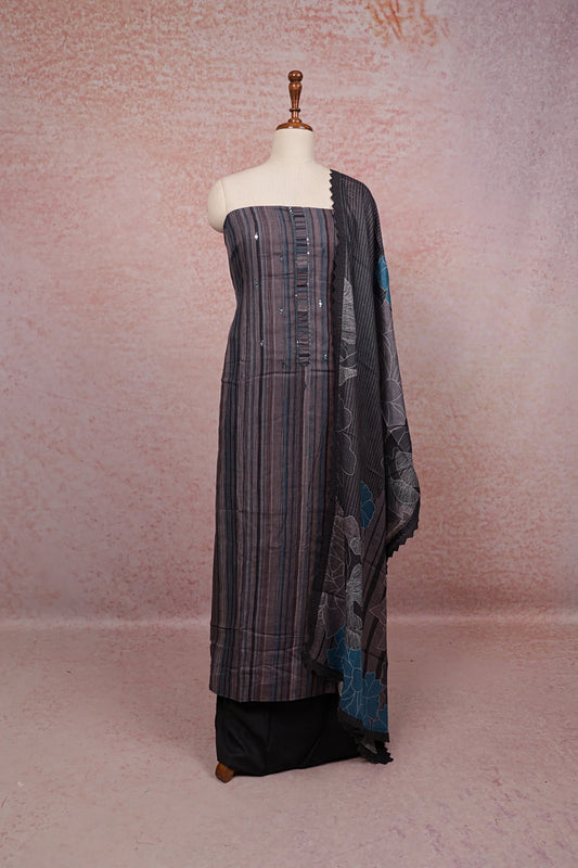 Grey Linen Cotton Lines Unstitched Churidhar Material