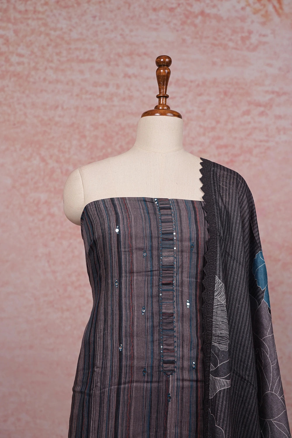 Grey Linen Cotton Lines Unstitched Churidhar Material