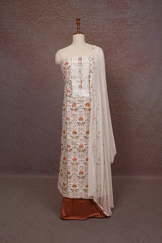 Cream Cotton Silk Printed Unstitched Churidhar Material