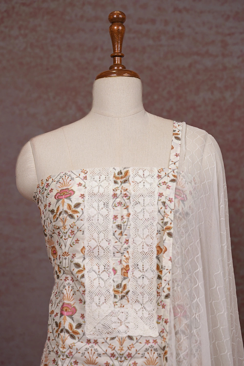 Cream Cotton Silk Printed Unstitched Churidhar Material