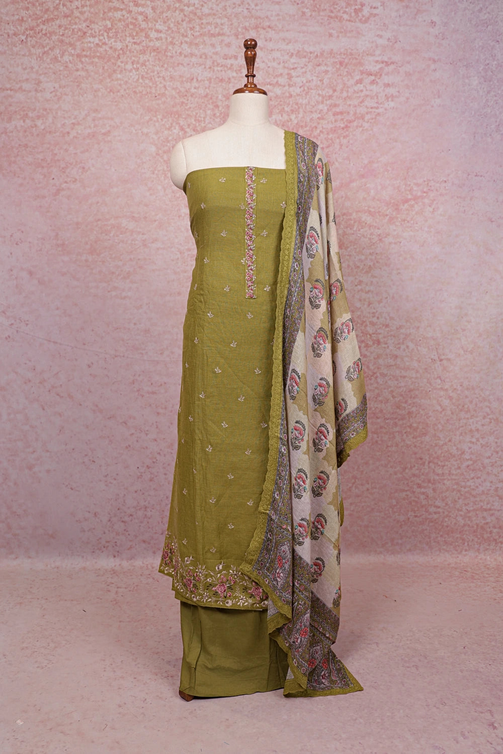 Moss Green Linen Embroidery Worked Unstitched Churidhar Material